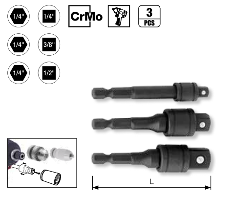 Adaptateur de douilles impact à verrouillage 1/4"x1/2" - 1/4"X1/4" OU 1/4"X3/8" - L75mm - KRAFTWERK