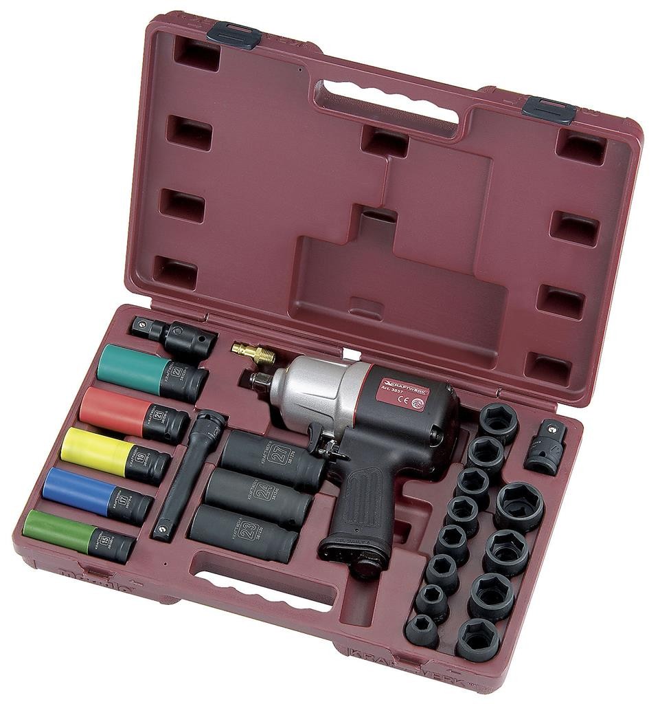 Coffret de clé à chocs pneumatique industriel 1/2" et douilles - 24 pièces - KRAFTWERK