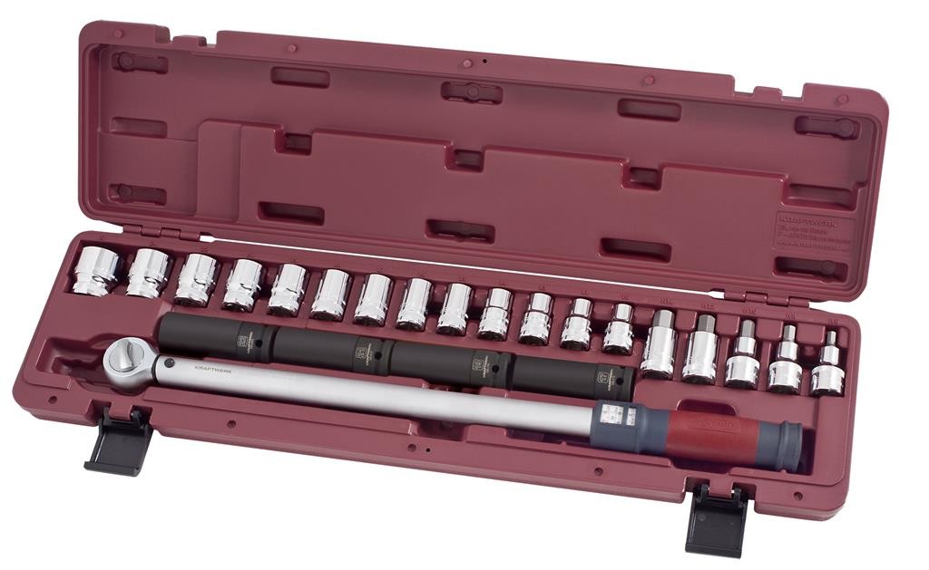Coffret de clé dynamométrique réversible à déclenchement sensoriel 1/2" 65-335 Nm 23 pièces - KRAFTWERK