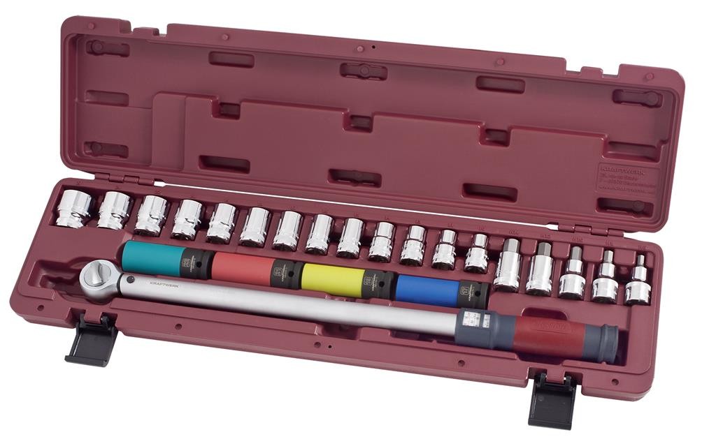 Coffret de clé dynamométrique réversible à déclenchement sensoriel 1/2" 65-335 Nm 23 pièces - KRAFTWERK