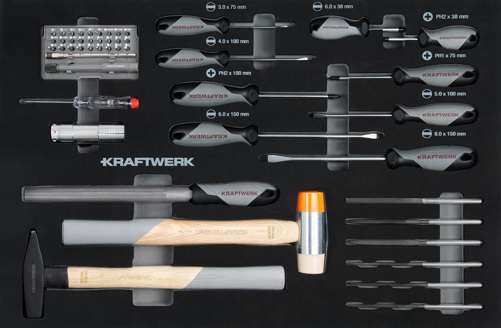Insert avec 21 outils - Tournevis et outils de frappe - pour servante d'atelier - 60x40 cm Basic Line - KRAFTWERK