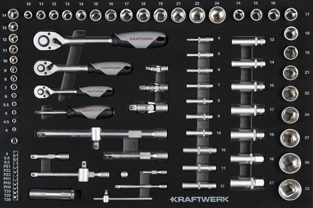 Insert avec 86 outils , douilles 1/4", 3/8", 1/2", pour servante d'atelier Basic Line - KRAFTWERK