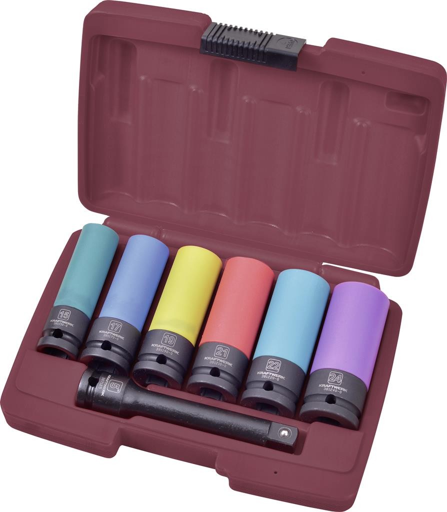 Jeu 7 douilles longues impact 1/2" pour roues alu - KRAFTWERK