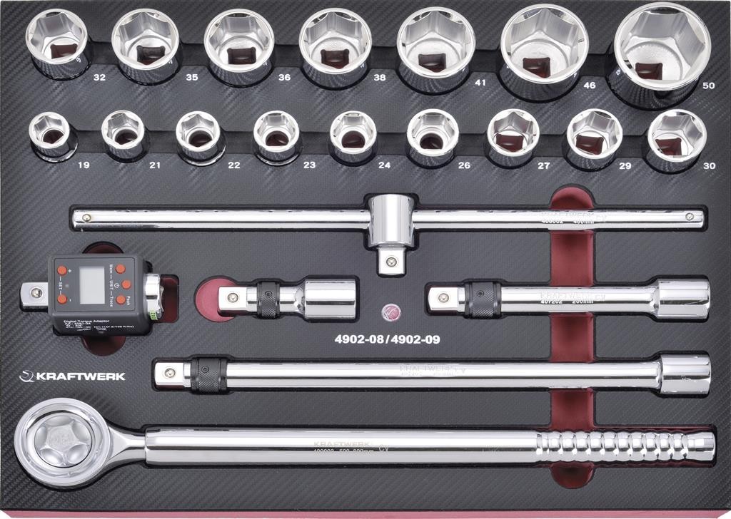 Jeu de douilles pour poids lourds EVA 3/4" avec adaptateur dynamométrique digital 100-500Nm 22 pièces - KRAFTWERK