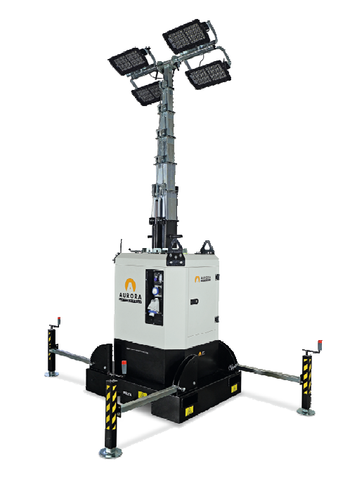 Tour d'éclairage fixe DELTA L4X320-F - 4 LED 320W 5000 m², H 8.4m levage Hydraulique