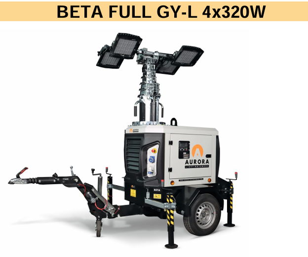 Tour d'éclairage tractable BETA GY-L4X320-F - 4 LED 320W 5000 m², GE Yanmar Diesel 1500 tr/mn, H 8.4m levage Hydraulique