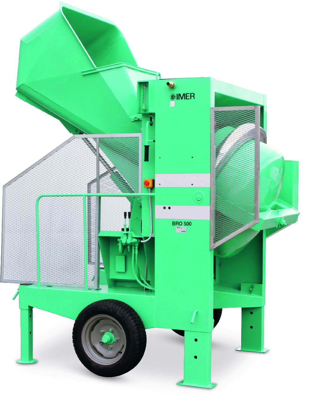 Bétonnière hydraulique à chargeur BRO 500 + Pelle tractée Triphasé 400 V - Malaxage 400 L - 85 dB(A) - 1125 kg - IMER FRANCE