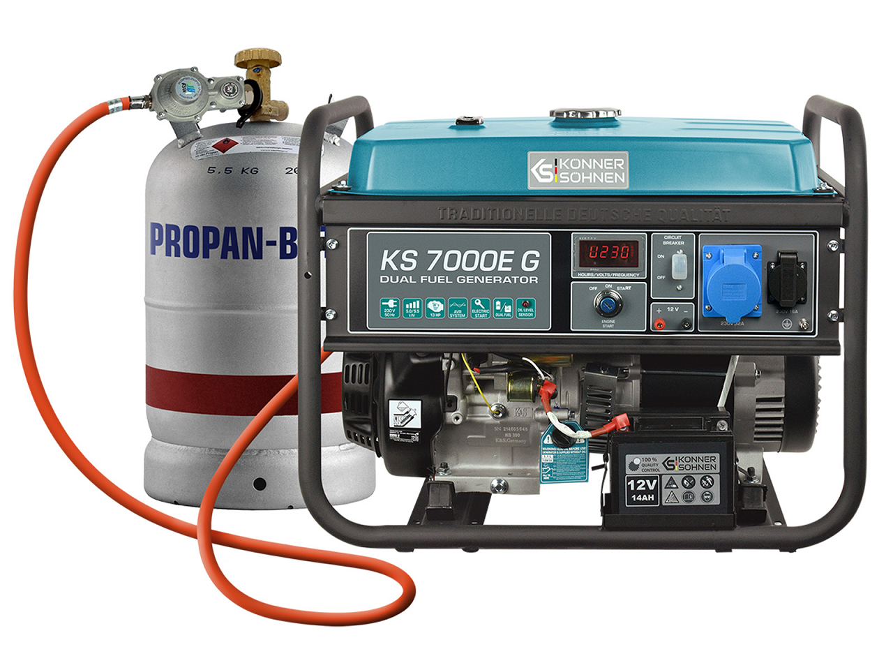 Groupe électrogène KS7000E-G - Essence et Gaz - 5.5 kW Monophasé 230V - AVR - Démarrage électrique - Könner & Söhnen