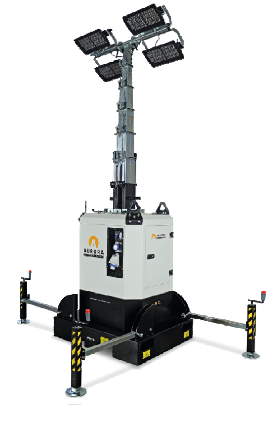 Tour d'éclairage fixe DELTA-L-4X160 - 4 LED 160 W, H 8.5m, 3300 m², levage Hydraulique - AURORA