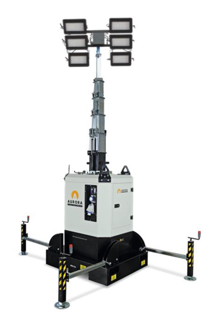 Tour d'éclairage fixe DELTA-L-6X320 - 6 LED 320W 5200 m², H 8.5m levage Hydraulique - AURORA