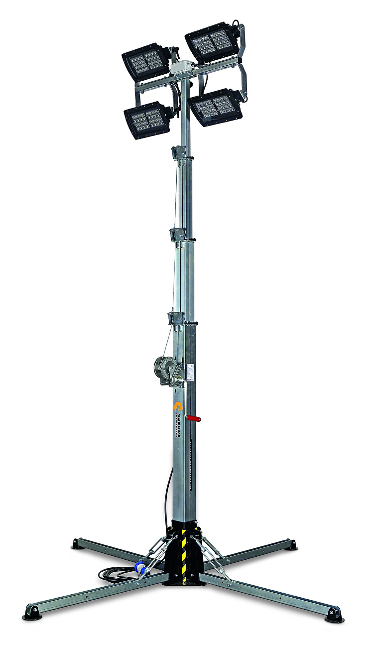 Tour d'éclairage fixe LAMBDA-55-L-4X75 - 4 LED 75W, 1500 m², H 5.5 m, levage manuel - AURORA