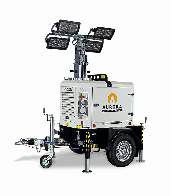Tour d'éclairage sur batterie tractable BETA B-L4X160-F - 4 LED 160W 3300 m², levage Hydraulique - AURORA