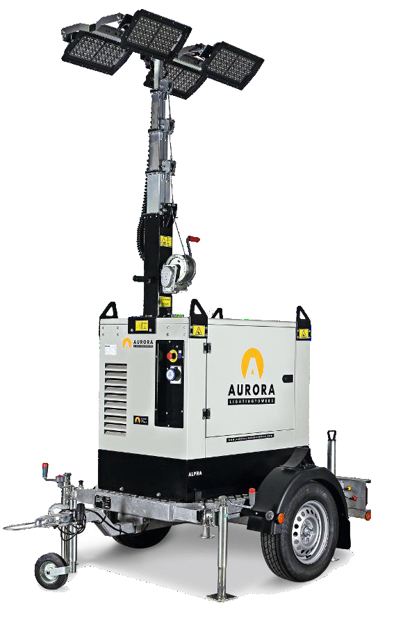 Tour d'éclairage tractable ALPHA Y-L-4X320-F - 4 LED 320W 5000 m², GE Yanmar Diesel 1500 rpm, H 8.5m levage manuel - AURORA